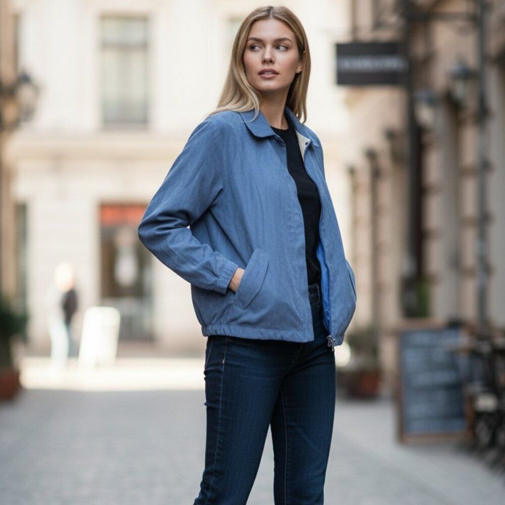 VTG Jones New York Suede Harrington Jacket Blue M Midcentury Minimalist Coastal